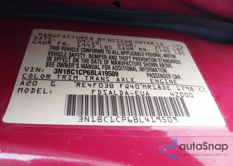 2011 Nissan Versa 1.8S z USA, uszkodzony, nr VIN 3N1BC1CP6BL419509